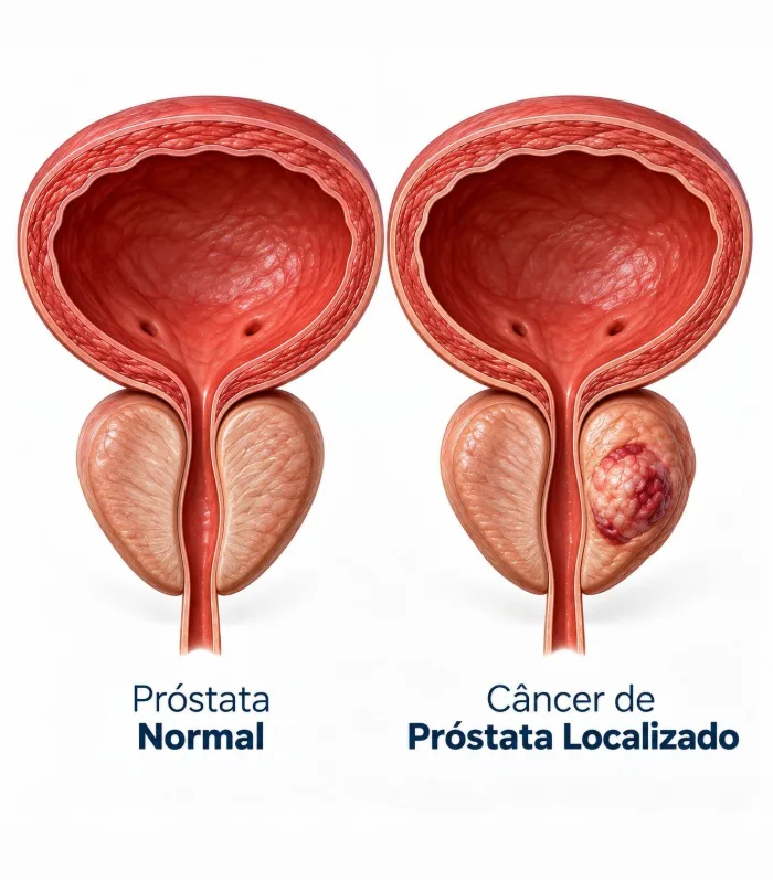 Ilustração comparando próstata normal e câncer de próstata localizado