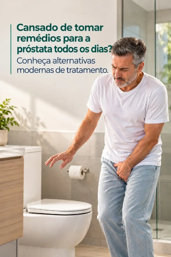 Homem com urgência urinária no banheiro – Cansado de tomar remédios para a próstata? Conheça alternativas de tratamento
