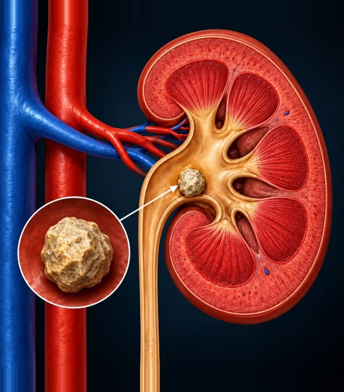 Ilustração de rim em corte com cálculo renal na pelve renal – Pedra nos Rins