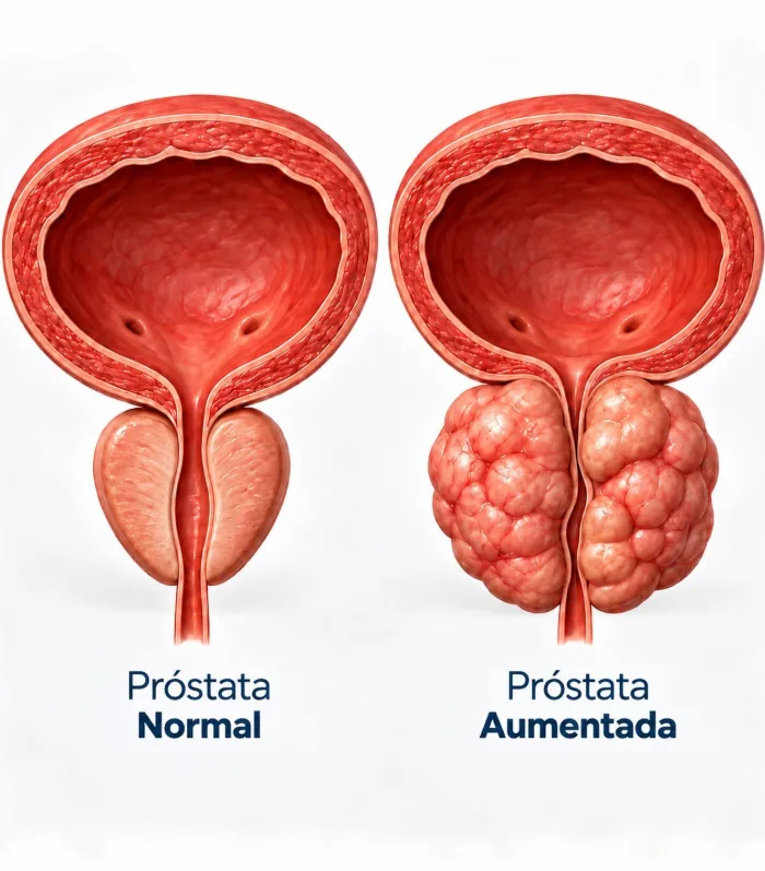 Ilustração comparando próstata normal e próstata aumentada na hiperplasia prostática benigna